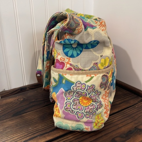 Vintage Fossil Floral Boho Leather and Canvas Tote Bag - Picture 2 of 6